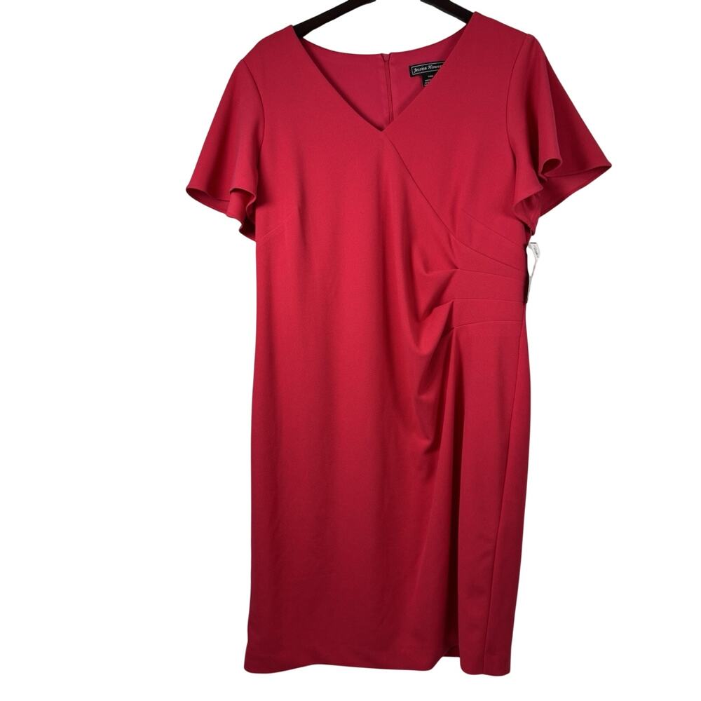 Jessica Howard Ruched Sheath Dress Womens 14W Red Flutter Sleeve Stretch NWT
